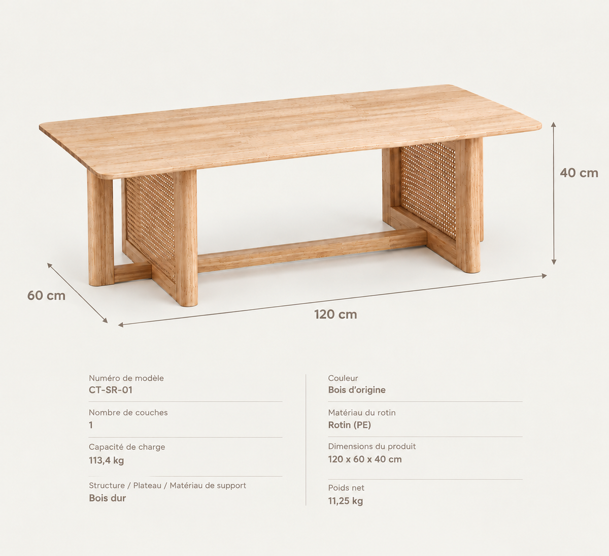 Table basse en Rotin et Bois d’Hévéa