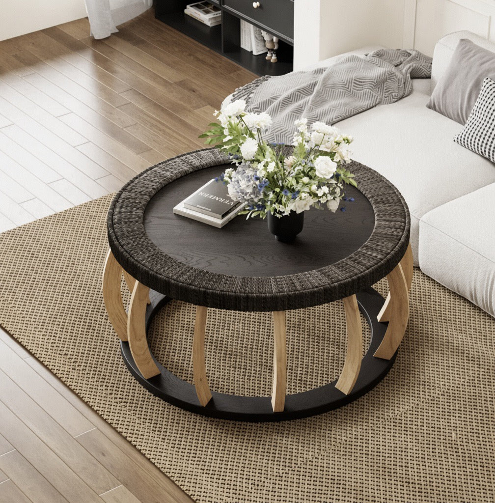 Table basse Ronde en Rotin et Bois massif